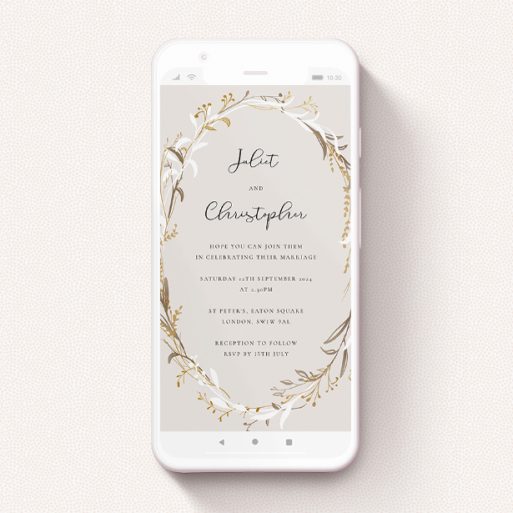 Text Message Wedding Invite Design - "Metallic Wreath" A text message wedding invite design named "Metallic Wreath". It is a smartphone screen sized invite in a portrait orientation. "Metallic Wreath" is available as a flat invite, with tones of dark cream and gold.