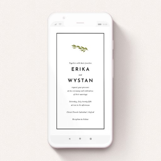 Text Message Wedding Invite Design - "Olive branch stamp" A text message wedding invite design named "Olive branch stamp". It is a smartphone screen sized invite in a portrait orientation. "Olive branch stamp" is available as a flat invite, with mainly green colouring.