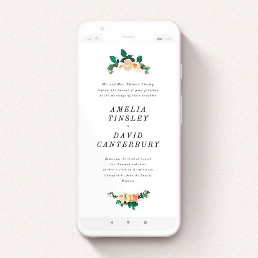 Text Message Wedding Invite Design - "Rose bouquet " A text message wedding invite design titled "Rose bouquet ". It is a smartphone screen sized invite in a portrait orientation. "Rose bouquet " is available as a flat invite, with tones of white and green.