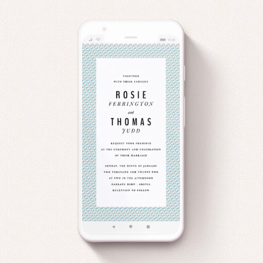 Text Message Wedding Invite Design - "Sealions" A text message wedding invite called "Sealions". It is a smartphone screen sized invite in a portrait orientation. "Sealions" is available as a flat invite, with tones of blue and pink.