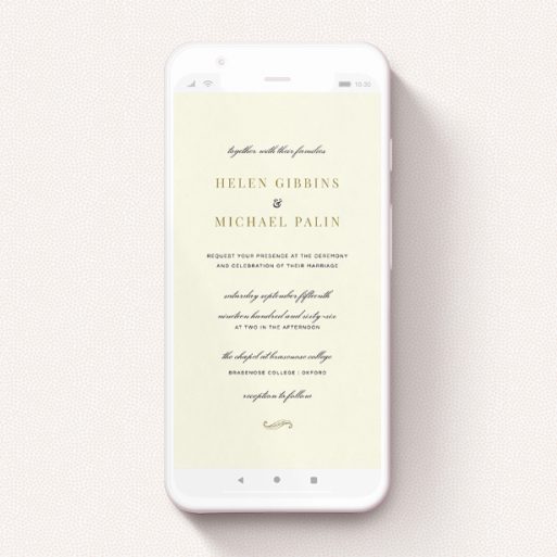 Text Message Wedding Invite Design - "Simple flourish " A text message wedding invite design named "Simple flourish ". It is a smartphone screen sized invite in a portrait orientation. "Simple flourish " is available as a flat invite, with tones of cream and gold.
