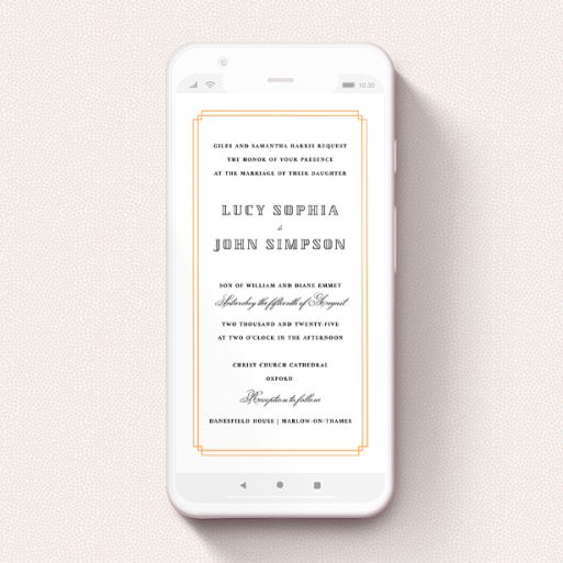 Text Message Wedding Invite Design - "Simplistic Notch Frame" A text message wedding invite design named "Simplistic Notch Frame". It is a smartphone screen sized invite in a portrait orientation. "Simplistic Notch Frame" is available as a flat invite, with tones of orange and white.