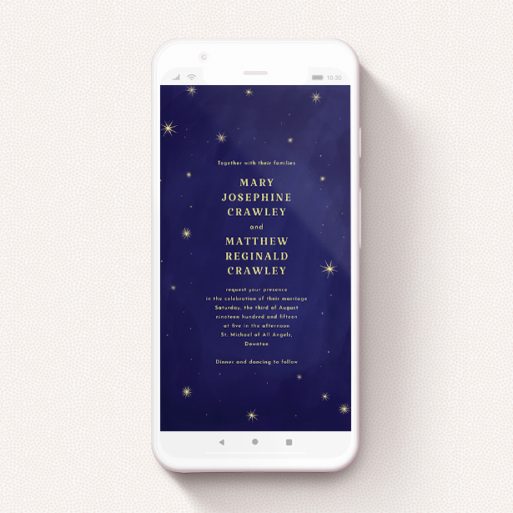 Text Message Wedding Invite Design - "Sky at night " A text message wedding invite called "Sky at night ". It is a smartphone screen sized invite in a portrait orientation. "Sky at night " is available as a flat invite, with tones of blue and gold.