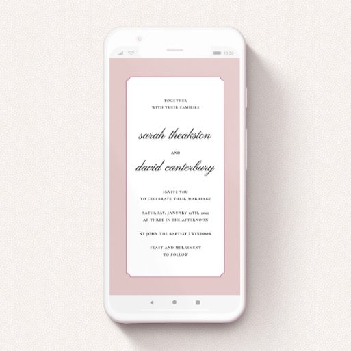 Text Message Wedding Invite Design - "Square slant Vintage" A text message wedding invite design titled "Square slant Vintage". It is a smartphone screen sized invite in a portrait orientation. "Square slant Vintage" is available as a flat invite, with tones of pink and white.