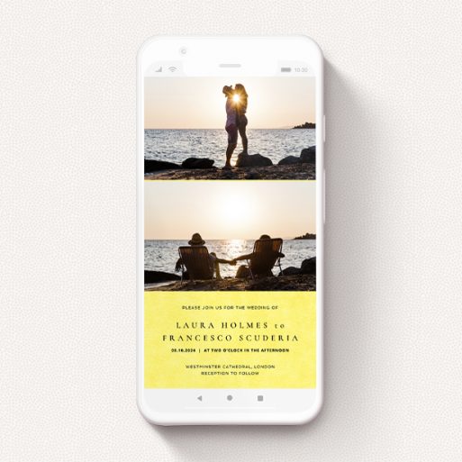Text Message Wedding Invite Design - "Sunny Thirds" A text message wedding invite design named "Sunny Thirds". It is a smartphone screen sized invite in a portrait orientation. It is a photographic text message wedding invite with room for 2 photos. "Sunny Thirds" is available as a flat invite, with mainly yellow colouring.