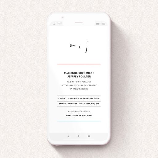 Text Message Wedding Invite Design - "Top and Bottom" A text message wedding invite called "Top and Bottom". It is a smartphone screen sized invite in a portrait orientation. "Top and Bottom" is available as a flat invite, with tones of blue and pink.