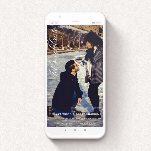 Text Message Wedding Invite Design - "Up the side" A text message wedding invite design titled "Up the side". It is a smartphone screen sized invite in a portrait orientation. It is a photographic text message wedding invite with room for 1 photo. "Up the side" is available as a flat invite, with mainly white colouring.