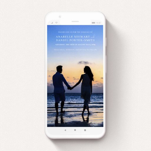 Text Message Wedding Invite Design - "Westminster" A text message wedding invite design named "Westminster". It is a smartphone screen sized invite in a portrait orientation. It is a photographic text message wedding invite with room for 1 photo. "Westminster" is available as a flat invite, with mainly white colouring.