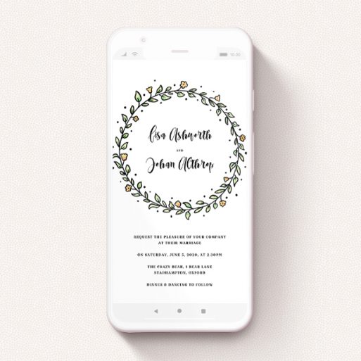 Text Message Wedding Invite Design - "Wreath Outline" A text message wedding invite called "Wreath Outline". It is a smartphone screen sized invite in a portrait orientation. "Wreath Outline" is available as a flat invite, with tones of green, purple and blue.