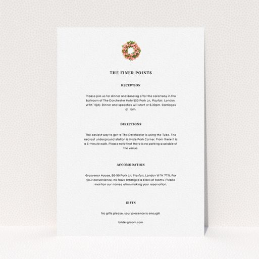 Wedding Info Sheet Design - "Acrylic Wreath" A wedding info sheet design called "Acrylic Wreath". It is an A5 card in a portrait orientation. "Acrylic Wreath" is available as a flat card, with mainly white colouring.