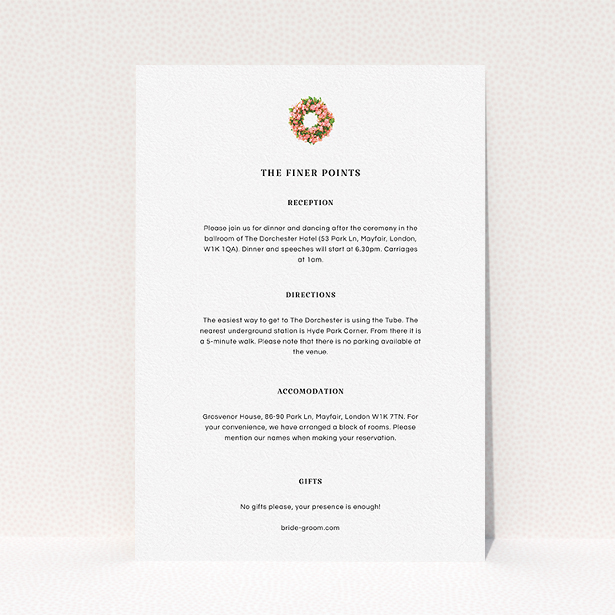 A wedding info sheet design called "Acrylic Wreath". It is an A5 card in a portrait orientation. "Acrylic Wreath" is available as a flat card, with mainly white colouring.