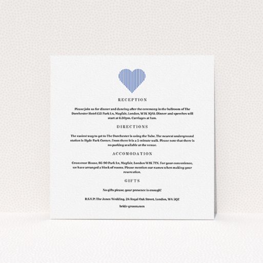 Wedding Info Sheet Design - "Between the Lines" A wedding info sheet named "Between the Lines". It is a square (148mm x 148mm) card in a square orientation. "Between the Lines" is available as a flat card, with tones of white and blue.