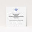 A wedding info sheet named "Between the Lines". It is a square (148mm x 148mm) card in a square orientation. "Between the Lines" is available as a flat card, with tones of white and blue.