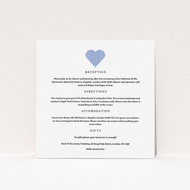 A wedding info sheet named "Between the Lines". It is a square (148mm x 148mm) card in a square orientation. "Between the Lines" is available as a flat card, with tones of white and blue.