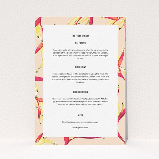 Wedding Info Sheet Design - "Birds of paradise" A wedding info sheet design called "Birds of paradise". It is an A5 card in a portrait orientation. "Birds of paradise" is available as a flat card, with tones of light cream and red.