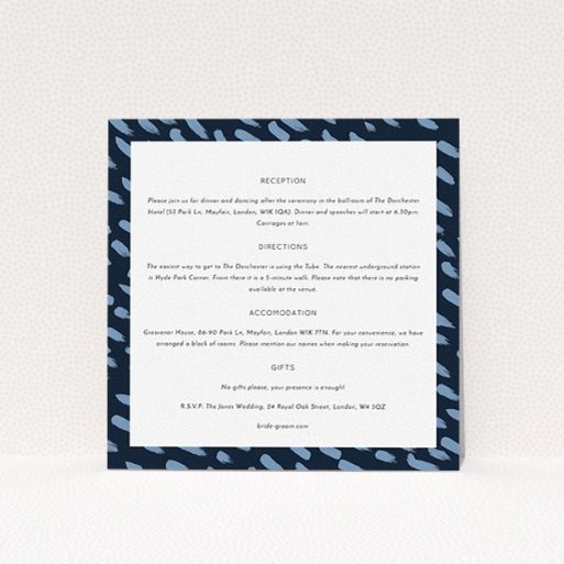 Wedding Info Sheet Design - "Blue strokes" A wedding info sheet design titled "Blue strokes". It is a square (148mm x 148mm) card in a square orientation. "Blue strokes" is available as a flat card, with tones of blue and white.