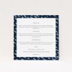 A wedding info sheet design titled "Blue strokes". It is a square (148mm x 148mm) card in a square orientation. "Blue strokes" is available as a flat card, with tones of blue and white.