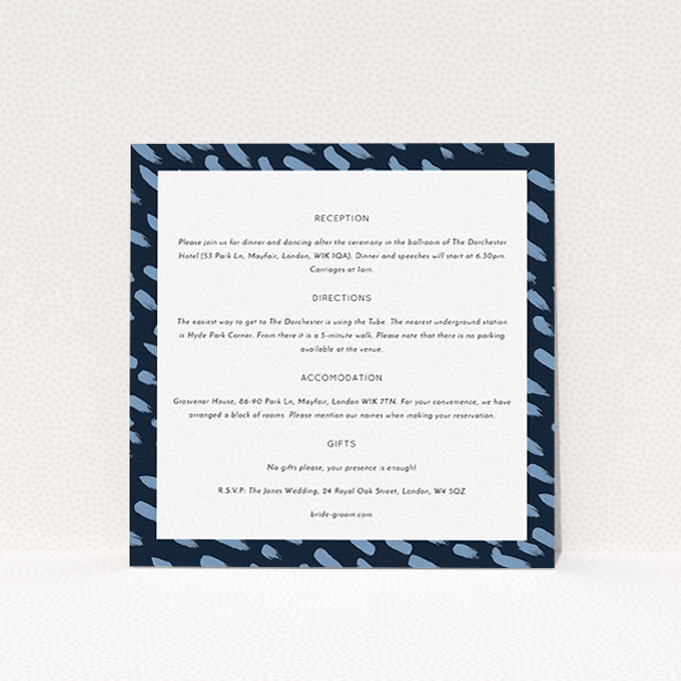 A wedding info sheet design titled "Blue strokes". It is a square (148mm x 148mm) card in a square orientation. "Blue strokes" is available as a flat card, with tones of blue and white.