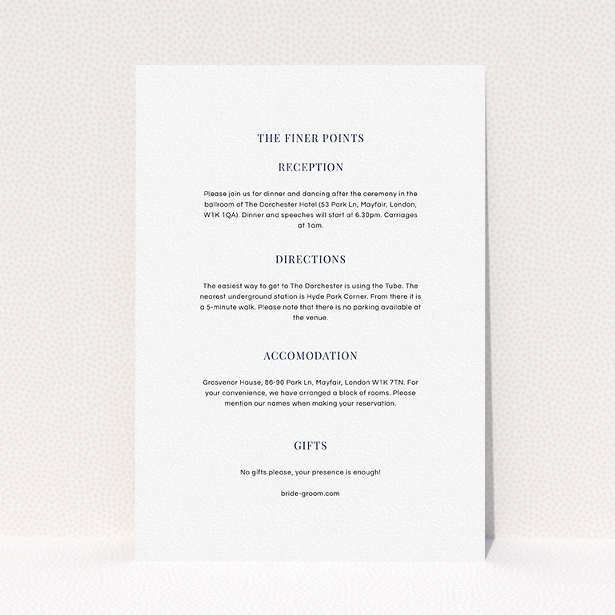 A wedding info sheet template titled "Classic face". It is an A5 card in a portrait orientation. "Classic face" is available as a flat card, with mainly white colouring.