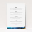 A wedding info sheet template titled "Country Road". It is an A5 card in a portrait orientation. "Country Road" is available as a flat card, with tones of white and blue.
