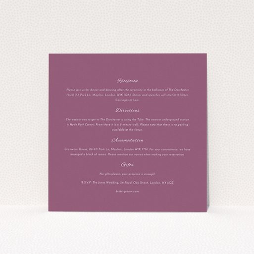 Wedding Info Sheet Design - "Coupe" A wedding info sheet design named "Coupe". It is a square (148mm x 148mm) card in a square orientation. "Coupe" is available as a flat card, with mainly burgundy colouring.