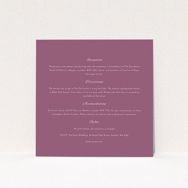 A wedding info sheet design named "Coupe". It is a square (148mm x 148mm) card in a square orientation. "Coupe" is available as a flat card, with mainly burgundy colouring.