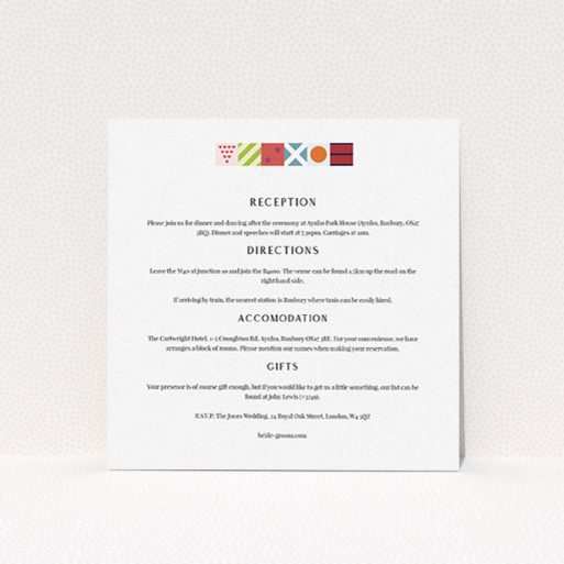 Wedding Info Sheet Design - "Epsom" A wedding info sheet design named "Epsom". It is a square (148mm x 148mm) card in a square orientation. "Epsom" is available as a flat card, with tones of white and green.