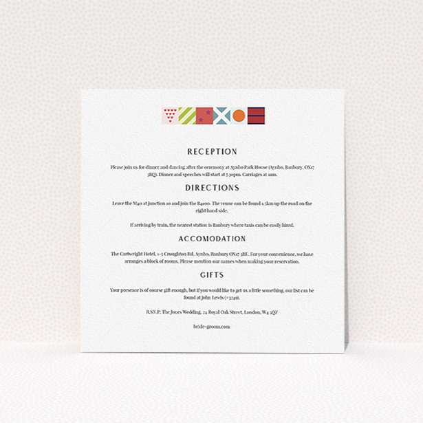 A wedding info sheet design named "Epsom". It is a square (148mm x 148mm) card in a square orientation. "Epsom" is available as a flat card, with tones of white and green.