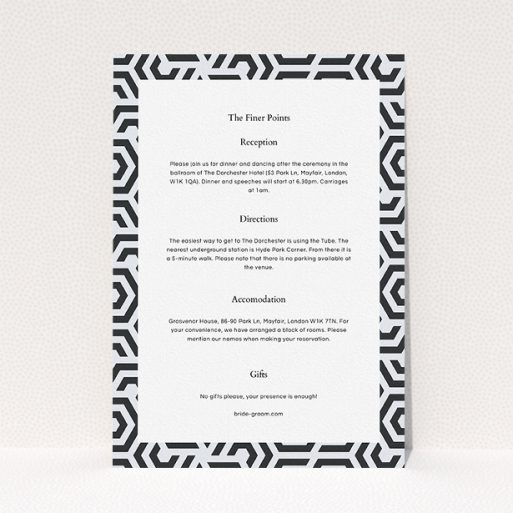 Wedding Info Sheet Design - "Geometric corners" A wedding info sheet template titled "Geometric corners". It is an A5 card in a portrait orientation. "Geometric corners" is available as a flat card, with tones of navy blue and white.