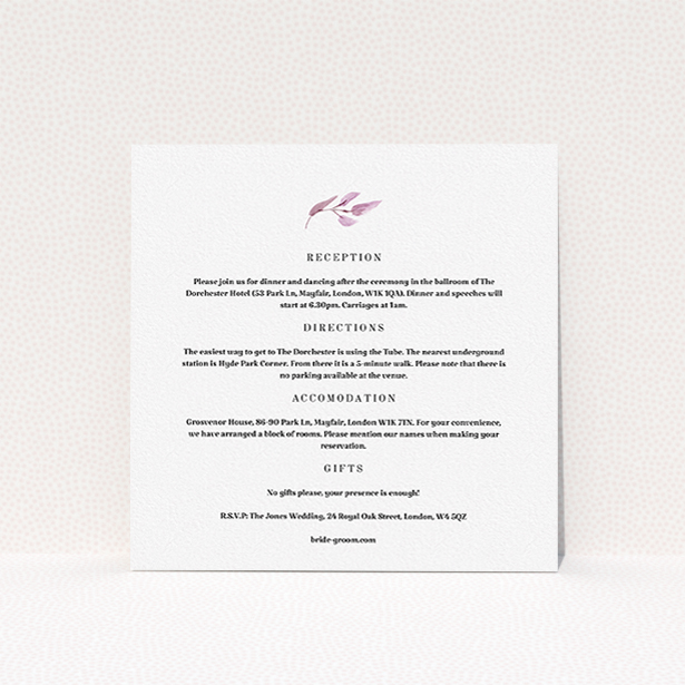 A wedding info sheet design named "Hues of Blue". It is a square (148mm x 148mm) card in a square orientation. "Hues of Blue" is available as a flat card, with tones of white and pink.