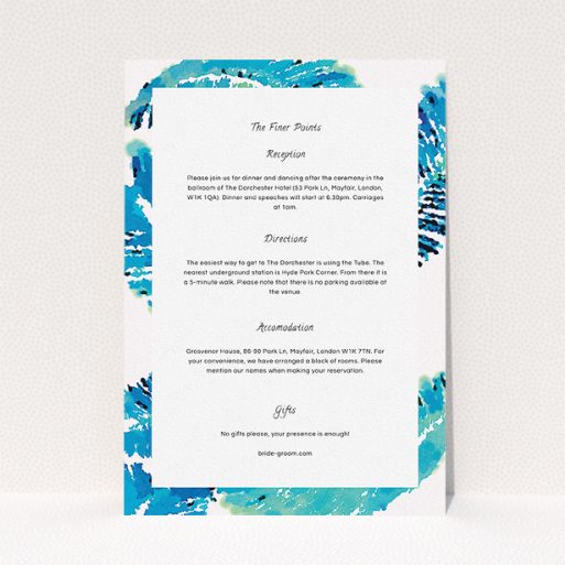 Wedding Info Sheet Design - "Jungle bloom" A wedding info sheet design named "Jungle bloom". It is an A5 card in a portrait orientation. "Jungle bloom" is available as a flat card, with tones of blue and white.