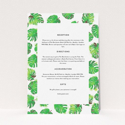 Wedding Info Sheet Design - "Jungle Sky" A wedding info sheet design titled "Jungle Sky". It is an A5 card in a portrait orientation. "Jungle Sky" is available as a flat card, with mainly green colouring.