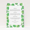 A wedding info sheet design titled "Jungle Sky". It is an A5 card in a portrait orientation. "Jungle Sky" is available as a flat card, with mainly green colouring.