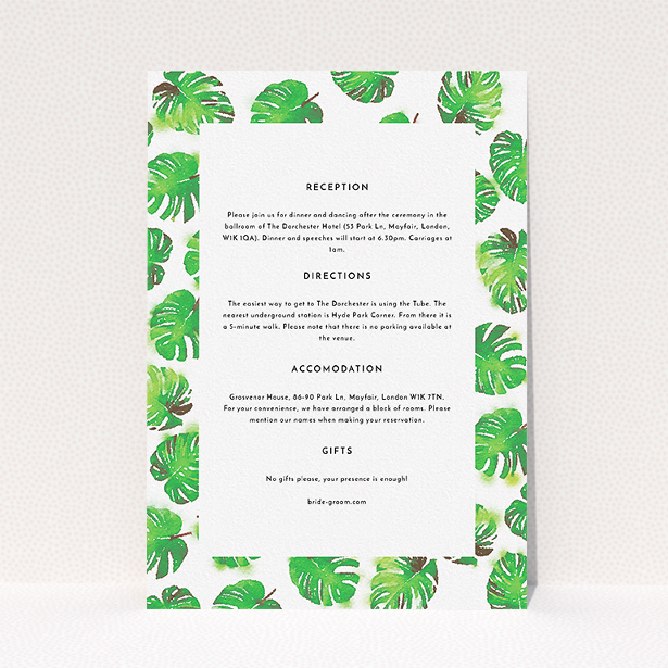 A wedding info sheet design titled "Jungle Sky". It is an A5 card in a portrait orientation. "Jungle Sky" is available as a flat card, with mainly green colouring.