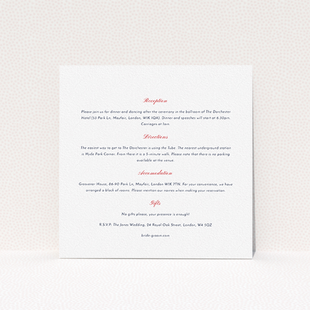 A wedding info sheet called "Lovebirds". It is a square (148mm x 148mm) card in a square orientation. "Lovebirds" is available as a flat card, with mainly white colouring.