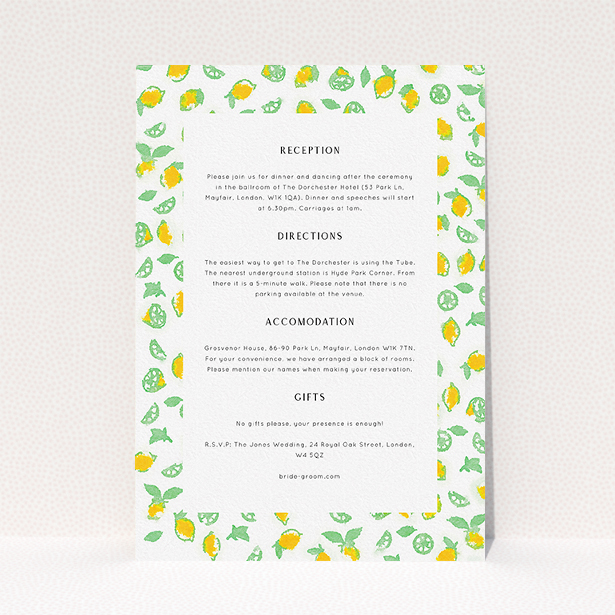 A wedding info sheet called "Madeira". It is an A5 card in a portrait orientation. "Madeira" is available as a flat card, with tones of white and yellow.