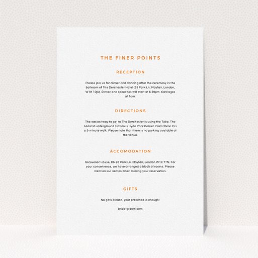 Wedding Information Insert Sheets - My Little Penguin (Orange) A wedding info sheet design called "My little penguin". It is an A5 card in a portrait orientation. "My little penguin" is available as a flat card, with mainly white colouring.