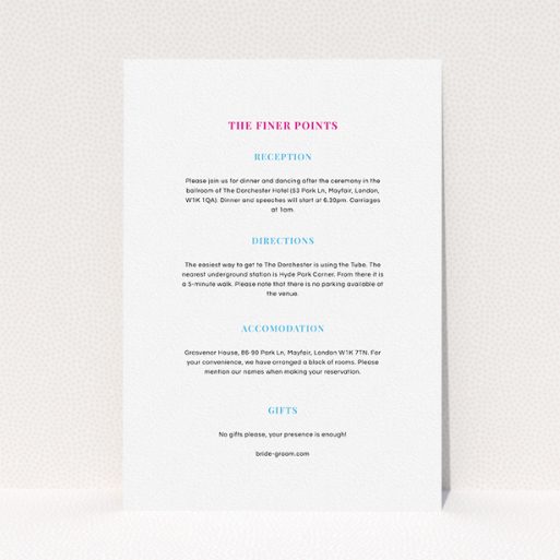 Wedding Information Insert Sheets - North Star (Vibrant Pink) A wedding info sheet template titled "North Star". It is an A5 card in a portrait orientation. "North Star" is available as a flat card, with mainly white colouring.