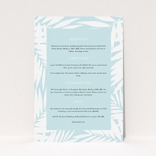Wedding Info Sheet Design - "Pastel Jungle" A wedding info sheet design titled "Pastel Jungle". It is an A5 card in a portrait orientation. "Pastel Jungle" is available as a flat card, with tones of blue and white.