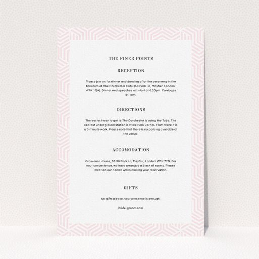 Wedding Info Sheet Design - "Pink geometric maze" A wedding info sheet called "Pink geometric maze". It is an A5 card in a portrait orientation. "Pink geometric maze" is available as a flat card, with tones of light pink and white.
