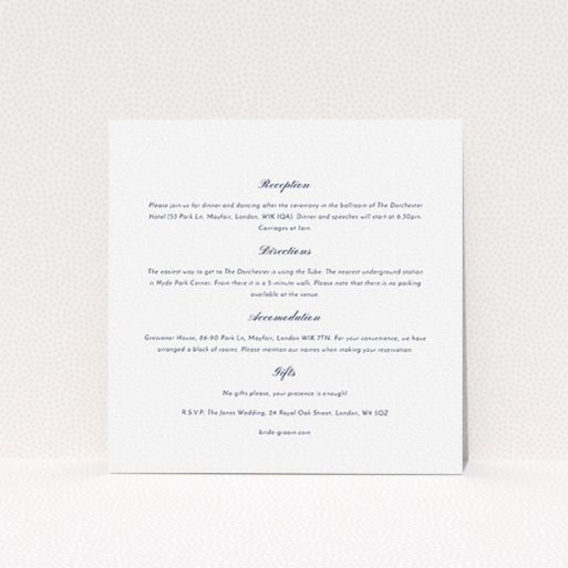 Wedding Information Insert Sheets - Shanghai Nights (Navy Blue) A wedding info sheet named "Shanghai Nights". It is a square (148mm x 148mm) card in a square orientation. "Shanghai Nights" is available as a flat card, with mainly white colouring.