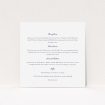 A wedding info sheet named "Shanghai Nights". It is a square (148mm x 148mm) card in a square orientation. "Shanghai Nights" is available as a flat card, with mainly white colouring.
