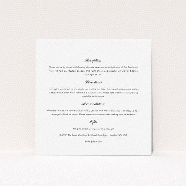 A wedding info sheet template titled "Shanghai Nights". It is a square (148mm x 148mm) card in a square orientation. "Shanghai Nights" is available as a flat card, with mainly white colouring.