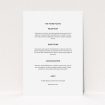 A wedding info sheet template titled "Side-by-side". It is an A5 card in a portrait orientation. "Side-by-side" is available as a flat card, with mainly white colouring.