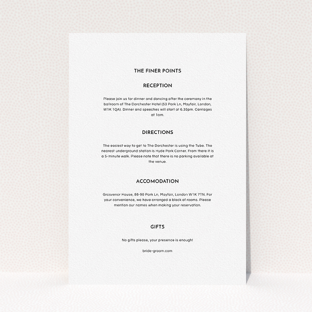A wedding info sheet template titled "Side-by-side". It is an A5 card in a portrait orientation. "Side-by-side" is available as a flat card, with mainly white colouring.