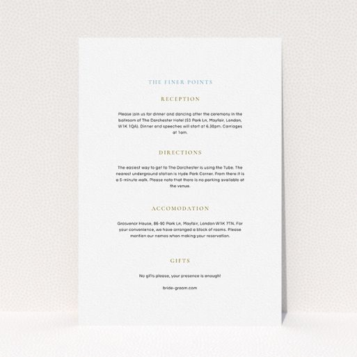 Wedding Information Insert Sheets - Signature Script (Gold) A wedding info sheet called "Signature script". It is an A5 card in a portrait orientation. "Signature script" is available as a flat card, with mainly white colouring.