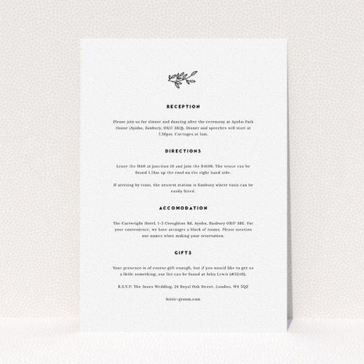 Wedding Info Sheet Design - "Simple Wreath" A wedding info sheet design titled "Simple Wreath". It is an A5 card in a portrait orientation. "Simple Wreath" is available as a flat card, with mainly white colouring.
