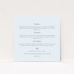 A wedding info sheet called "Square slant". It is a square (148mm x 148mm) card in a square orientation. "Square slant" is available as a flat card, with mainly light blue colouring.