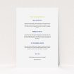 A wedding info sheet design titled "Top line". It is an A5 card in a portrait orientation. "Top line" is available as a flat card, with mainly white colouring.