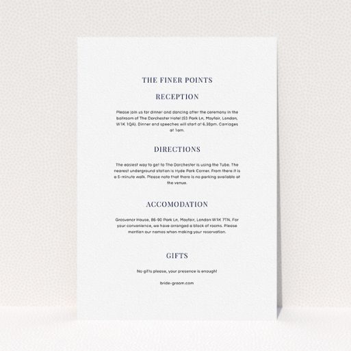 Wedding Information Insert Sheets - Wedding Bands (Navy Blue) A wedding info sheet design named "Wedding bands". It is an A5 card in a portrait orientation. "Wedding bands" is available as a flat card, with mainly white colouring.